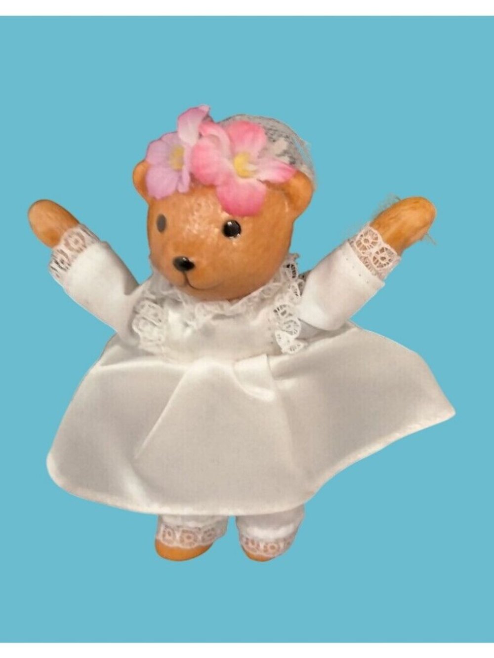 Bride Bear Figurine White Satin Dress Bridal Shower Lace Pink Floral 5 Inch